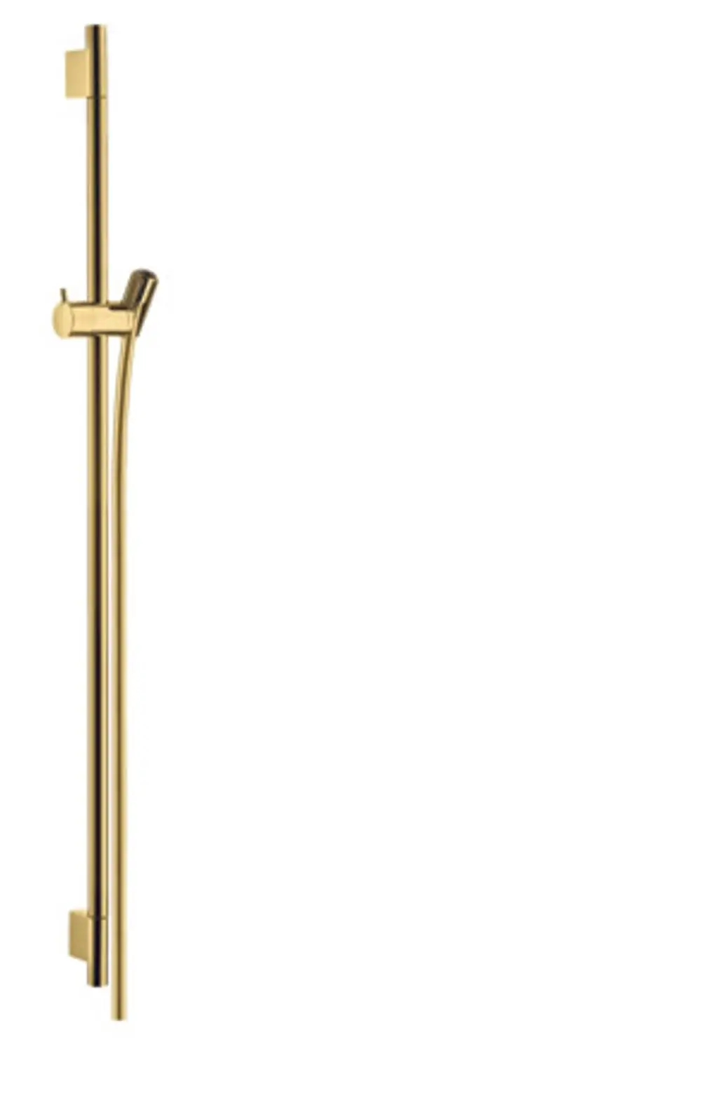 Hansgrohe Brausestange in glänzender Gold-Optik, vertikal montiert, mit integrierter Halterung und flexibel einstellbarem Brauseschlauch.
